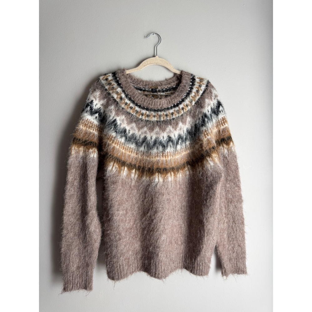 Magaschoni Women Brown Fair Isle Fuzzy Knit Sweater M Crew Neck Pullover